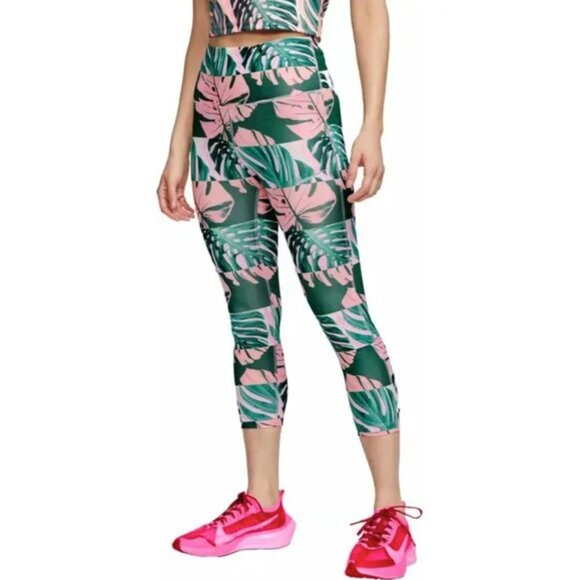 Nike Dri Fit Leggings S Pink Monstera Palm Leaves Cropped High Rise Tropical - Picture 3 of 9